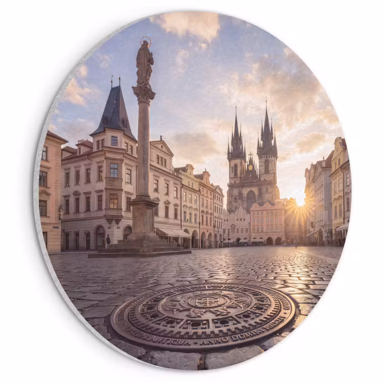 Stad - Praag - Ochtend - Architectuur - Goud Akoestische PET Vilt - Rond klein -3d
