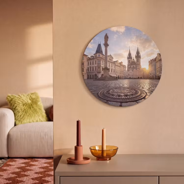Stad - Praag - Ochtend - Architectuur - Goud Akoestische PET Vilt - Rond klein -sfeer1