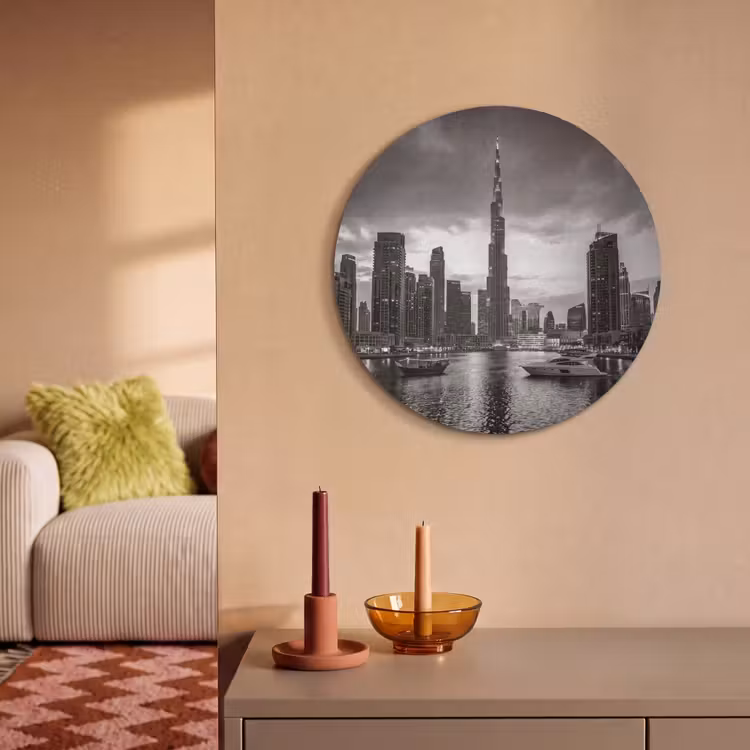 Stad - Skyline - Architectuur - Avond - Zwart-wit Akoestische PET Vilt - Rond klein -sfeer1