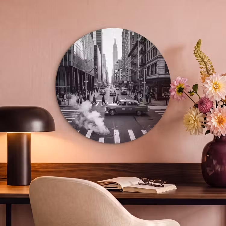 Stad - Straat - Gebouwen - Verkeer - Zwart-wit Akoestische PET Vilt - Rond klein -sfeer3