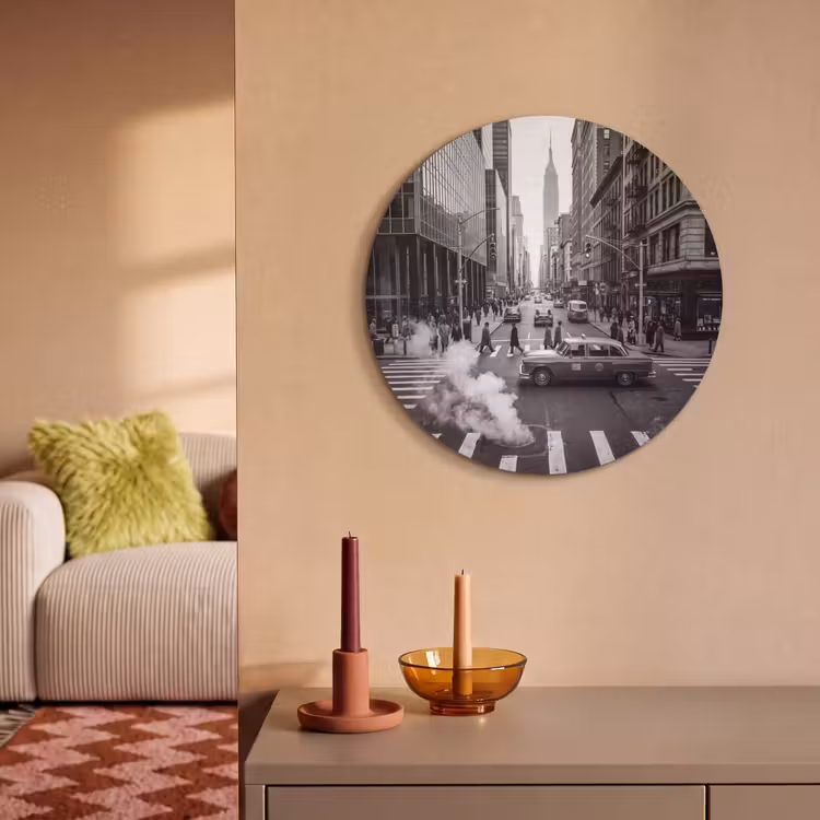 Stad - Straat - Gebouwen - Verkeer - Zwart-wit Akoestische PET Vilt - Rond klein -sfeer1
