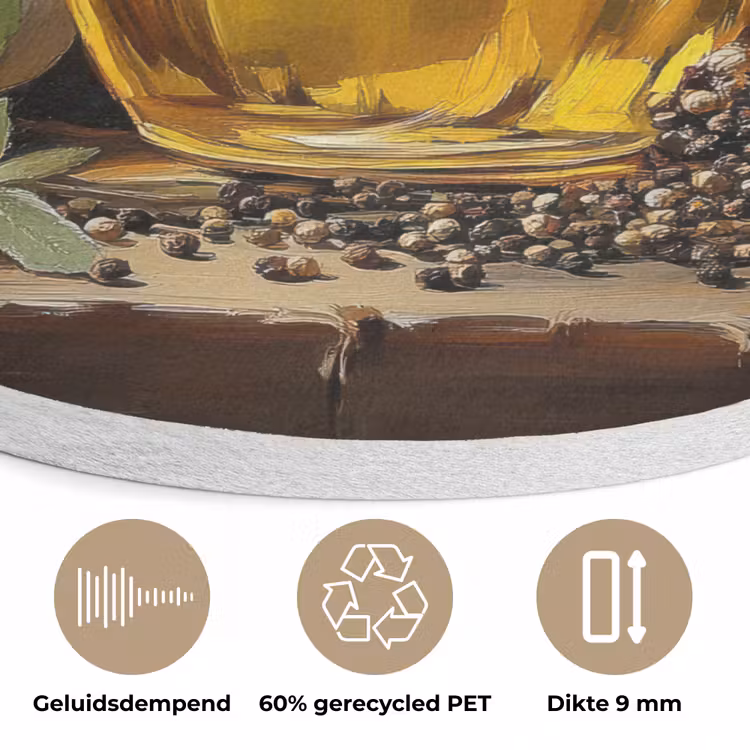 Stilleven - Olijfolie - Knoflook - Kruiden Akoestische PET Vilt - Rond klein -closeup_NL