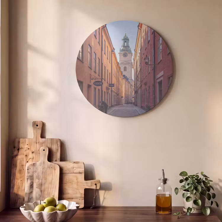Straat - Klokkentoren - Stad - Architectuur - Historisch Akoestische PET Vilt - Rond klein -sfeer2