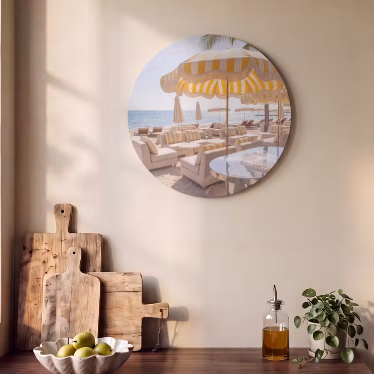 Strand - Ligbedden - Vakantie - Modern - Geel Akoestische PET Vilt - Rond klein -sfeer2