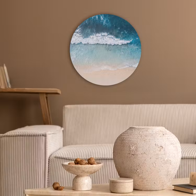 Strand - Zee - Golven - Natuur - Blauw Akoestische PET Vilt - Rond klein -sfeer1