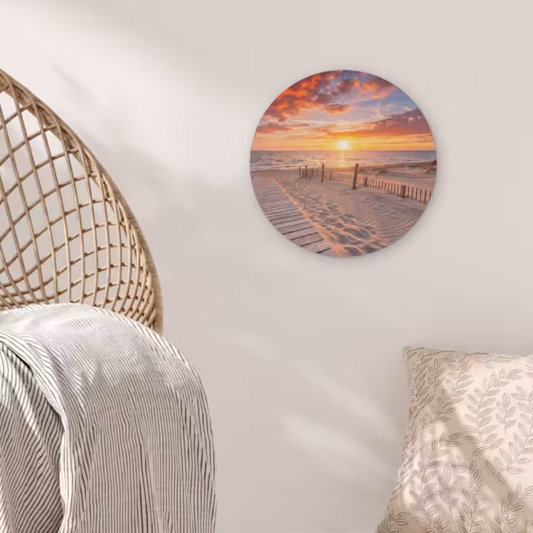 Strand - Zonsondergang - Zee - Natuur - Oranje Akoestische PET Vilt - Rond klein -sfeer4