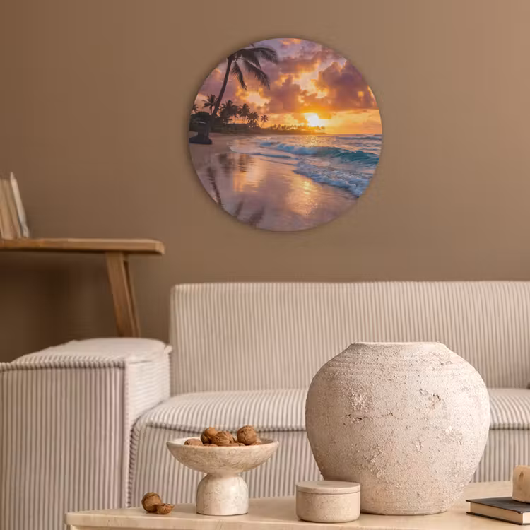 Strand - Zonsopgang - Tropisch - Natuur - Oranje Akoestische PET Vilt - Rond klein -sfeer1