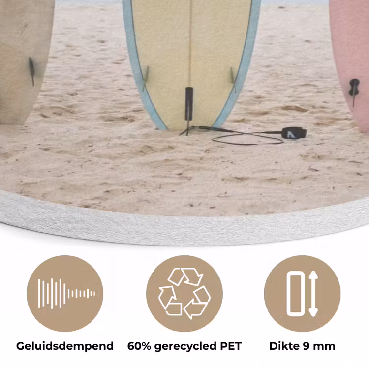 Surfboard - Palmbomen - Kleurrijk Akoestische PET Vilt - Rond klein -closeup_NL