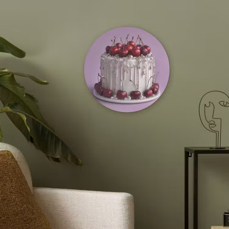Taart - Kersen - Juwelen - Rood Akoestische PET Vilt - Rond klein -sfeer2