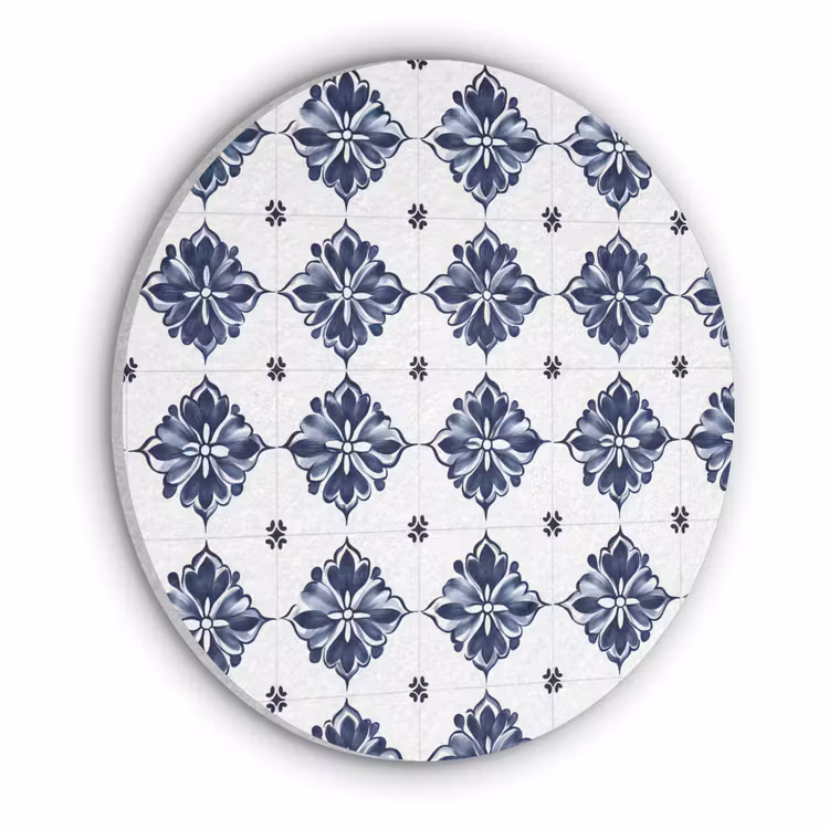 Tegelmotief - Blauw - Wit - Bloem Akoestische PET Vilt - Rond klein 838 -3d