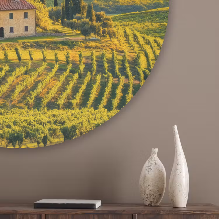 Toscane - Landschap - Wijngaarden Akoestische PET Vilt - Rond klein -sfeer5_closeup