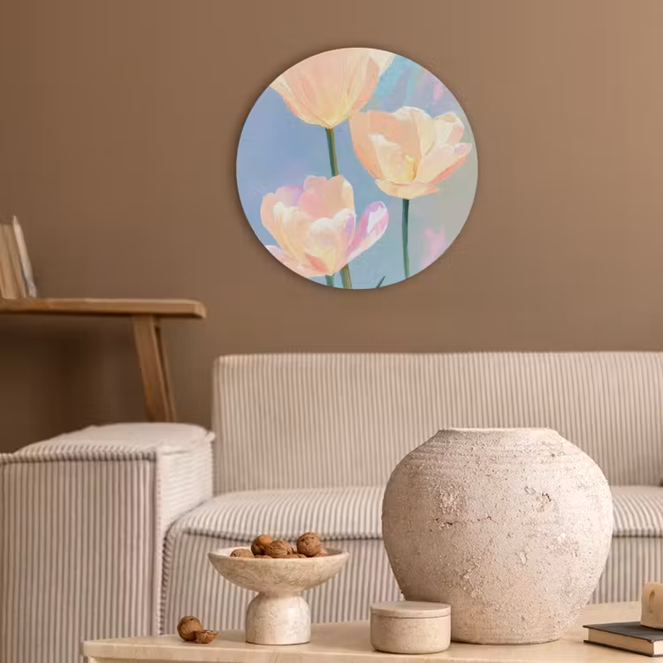 Tulpen - Roze accenten - Blauw Akoestische PET Vilt - Rond klein -sfeer1