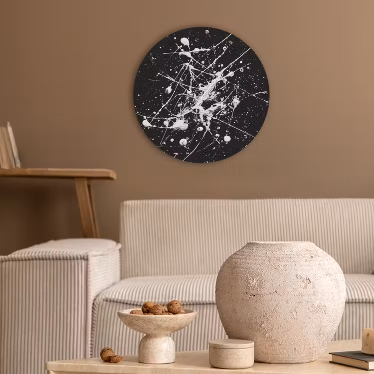 Verfspatten - Wit - Abstract - Explosie Akoestische PET Vilt - Rond klein -sfeer1
