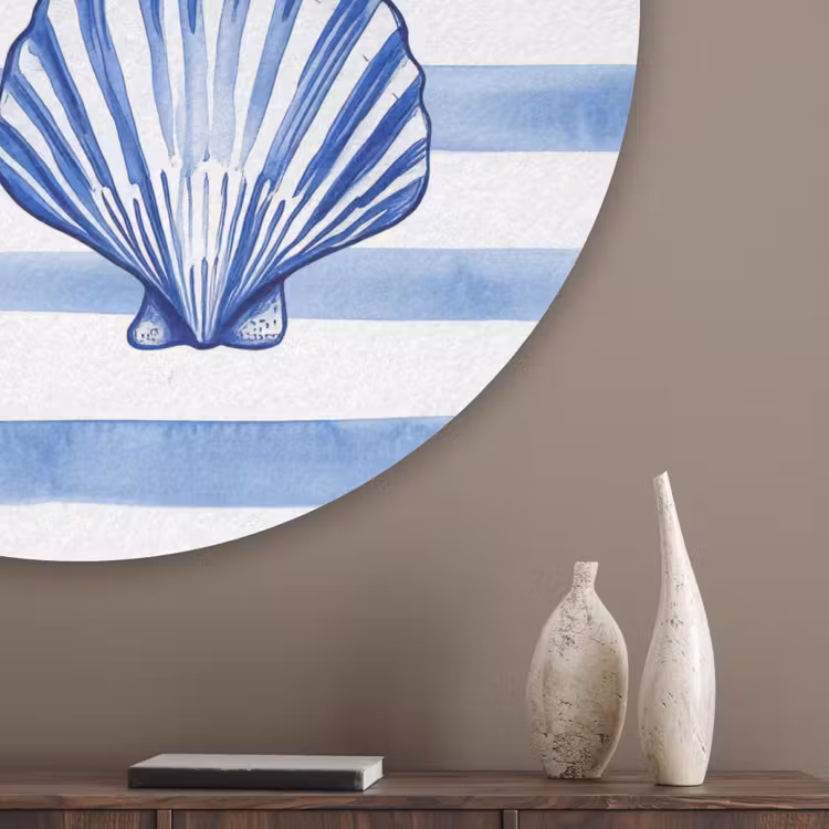 Vier schelpen - Blauw - Wit - Strepen Akoestische PET Vilt - Rond klein -sfeer5_closeup
