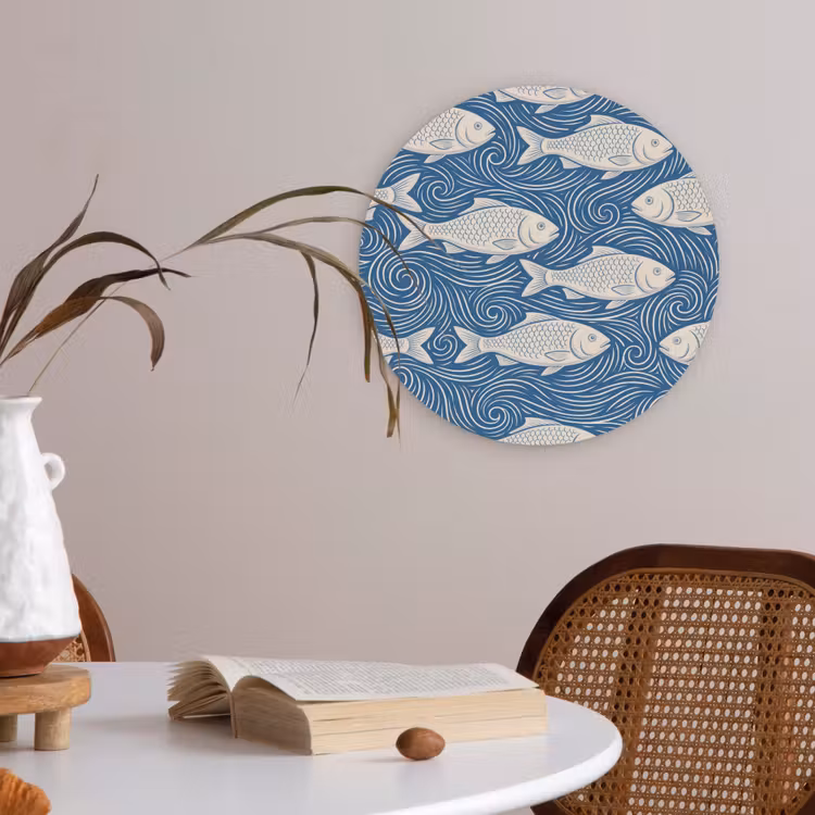 Vis - Water - Patroon - Grafisch - Blauw Akoestische PET Vilt - Rond klein -sfeer3