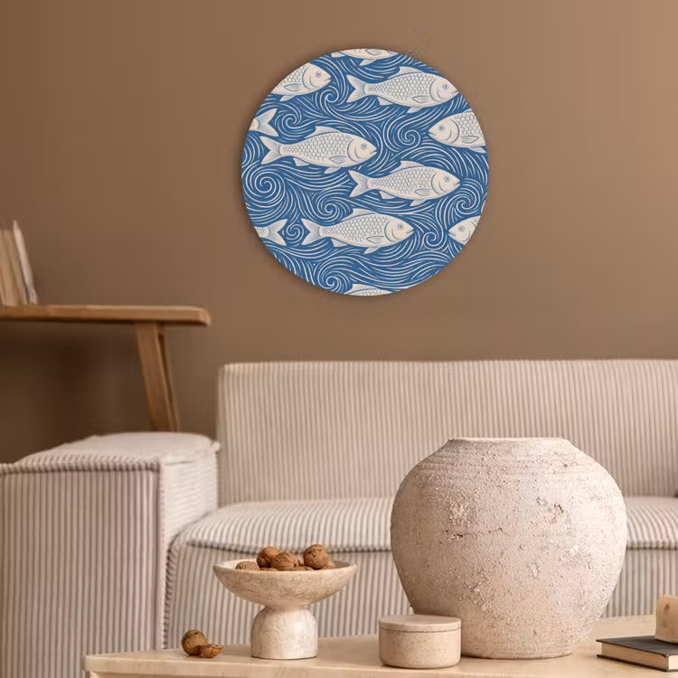 Vis - Water - Patroon - Grafisch - Blauw Akoestische PET Vilt - Rond klein -sfeer1