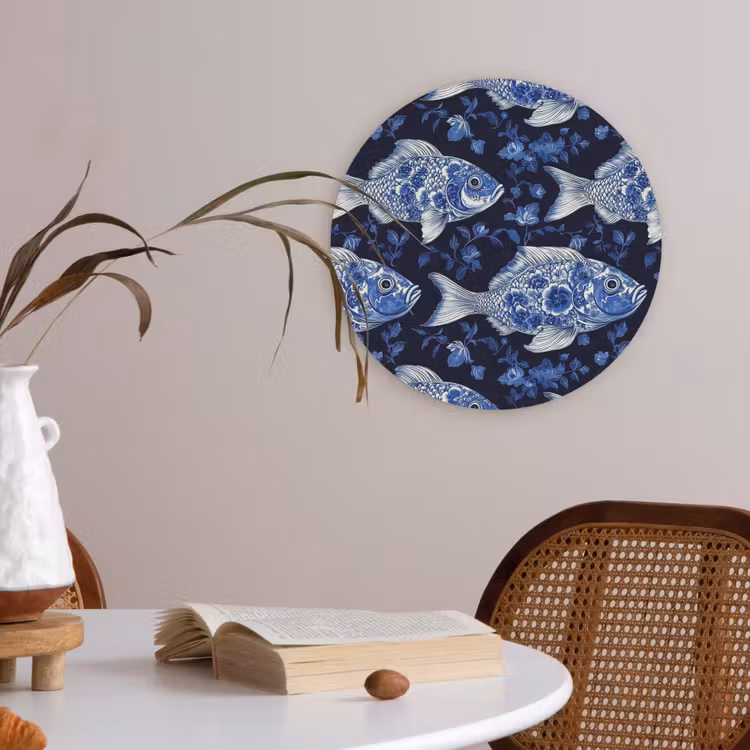 Vissen - Bloemen - Blauw Akoestische PET Vilt - Rond klein 838 -sfeer3