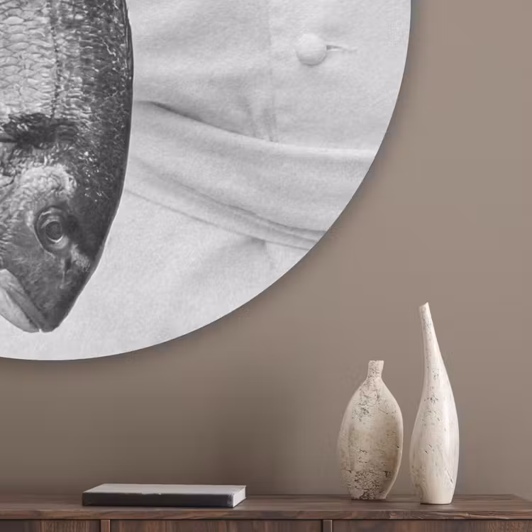 Vissen - Chef - Zwart - Wit Akoestische PET Vilt - Rond klein -sfeer5_closeup