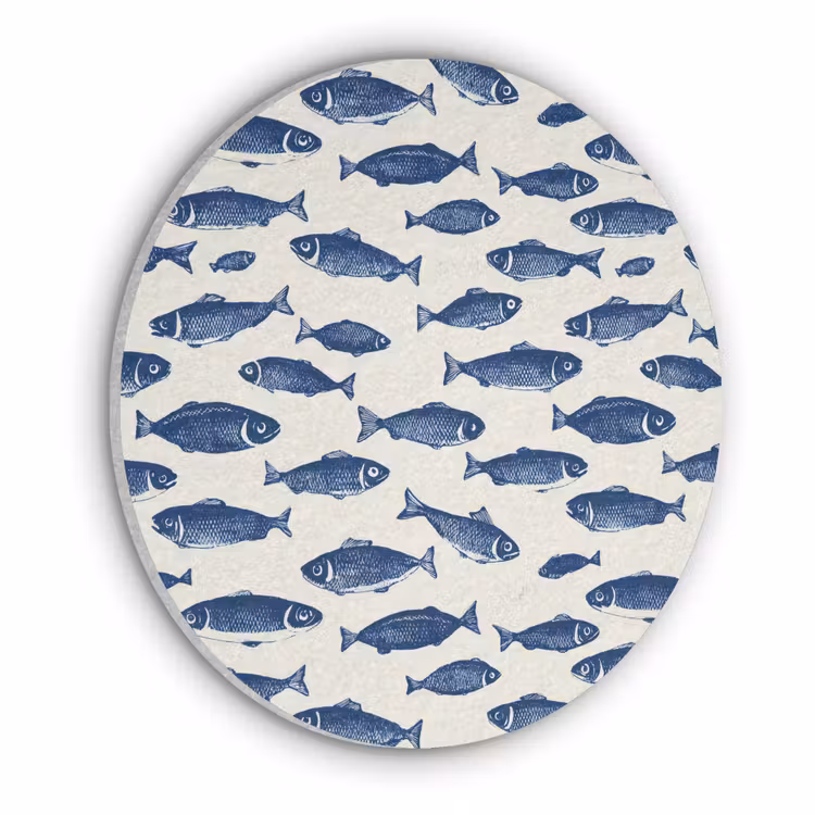 Vissen - Patroon - Blauw - Wit Akoestische PET Vilt - Rond klein 838 -3d
