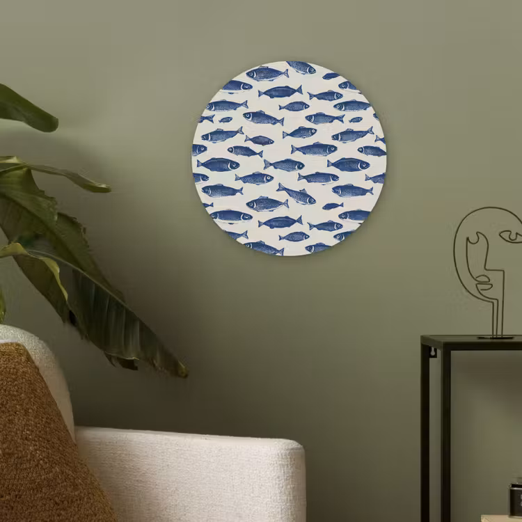 Vissen - Patroon - Blauw - Wit Akoestische PET Vilt - Rond klein 838 -sfeer2