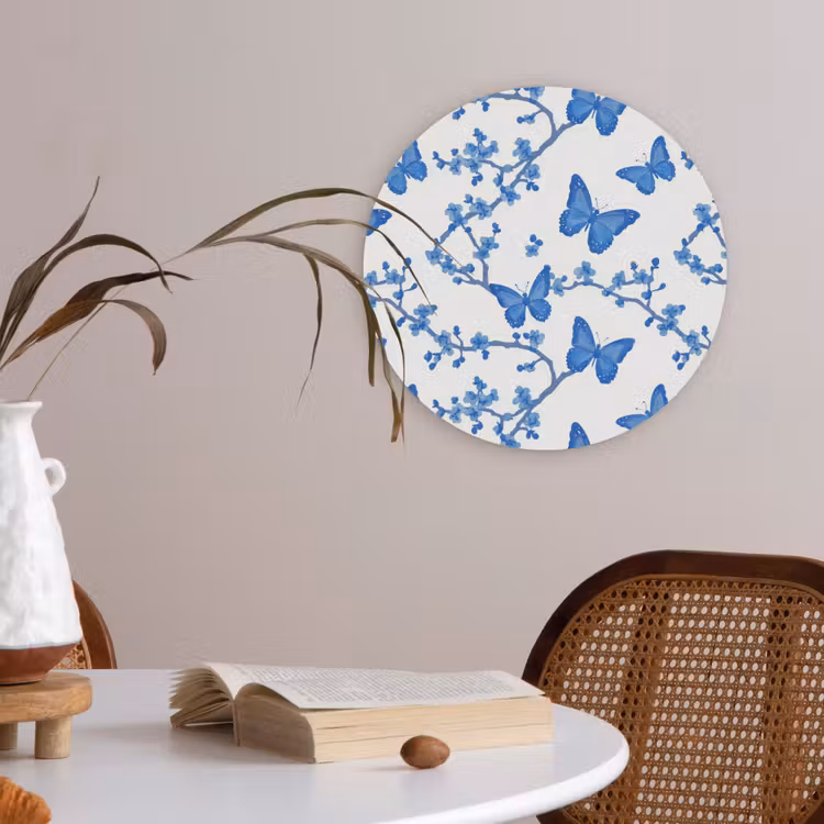 Vlinder - Bloemen - Blauw Akoestische PET Vilt - Rond klein 838 -sfeer3