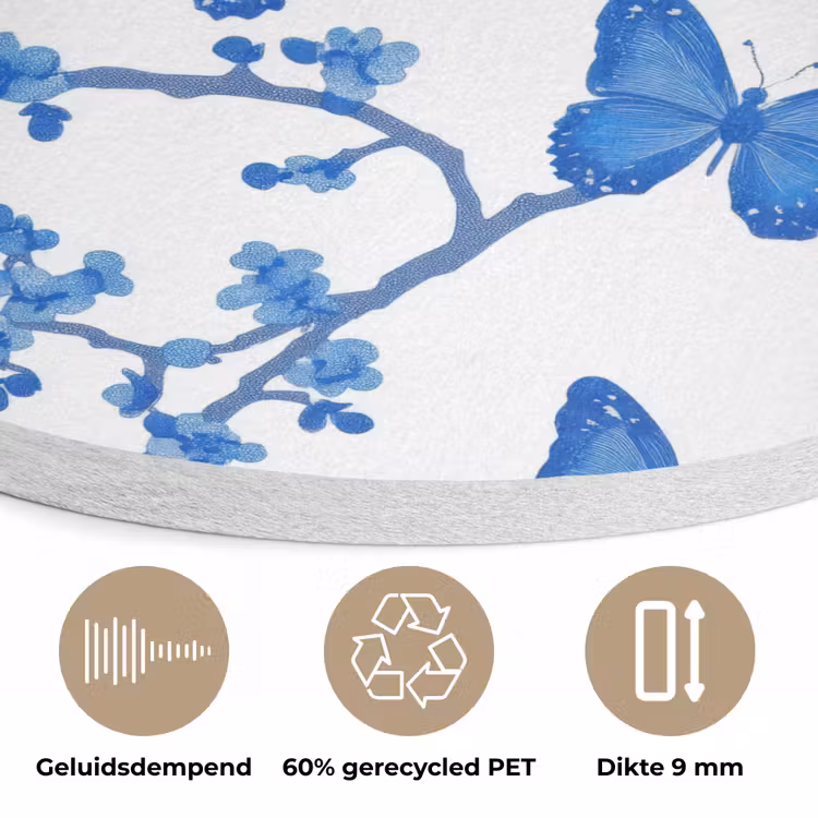 Vlinder - Bloemen - Blauw Akoestische PET Vilt - Rond klein 838 -closeup_NL