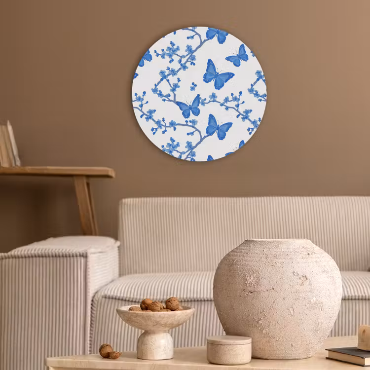 Vlinder - Bloemen - Blauw Akoestische PET Vilt - Rond klein 838 -sfeer1