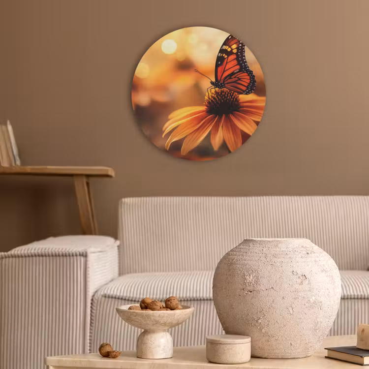 Vlinder - Bloemen - Oranje Akoestische PET Vilt - Rond klein -sfeer1