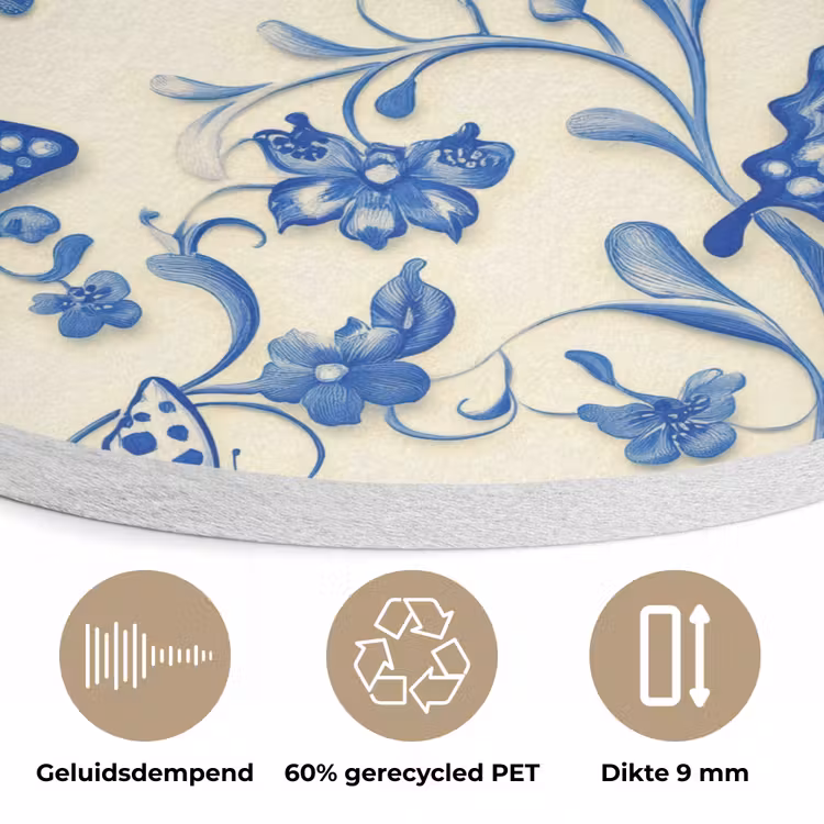 Vlinders - Bloemen - Blauw - Botanisch Akoestische PET Vilt - Rond klein 838 -closeup_NL