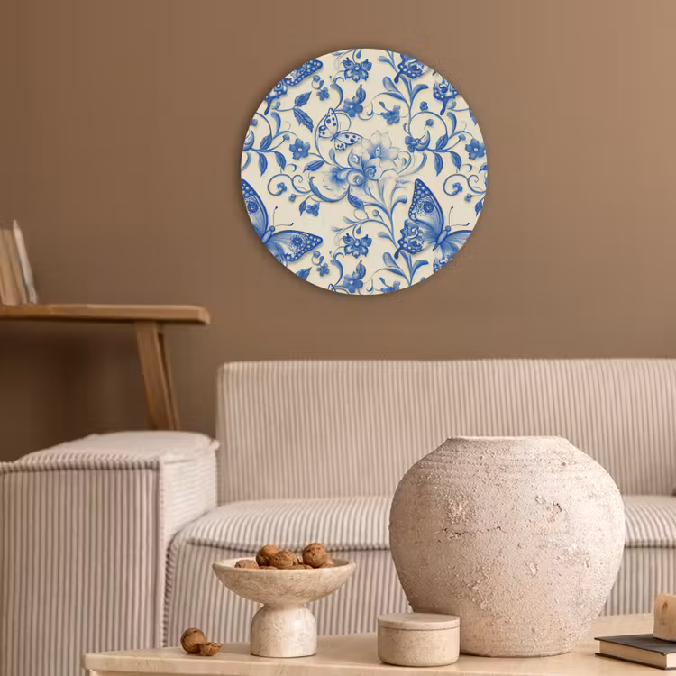 Vlinders - Bloemen - Blauw - Botanisch Akoestische PET Vilt - Rond klein 838 -sfeer1