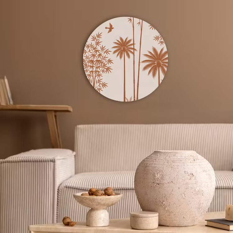 Vogel - Boom - Tropisch - Minimalistisch - Bruin Akoestische PET Vilt - Rond klein -sfeer1
