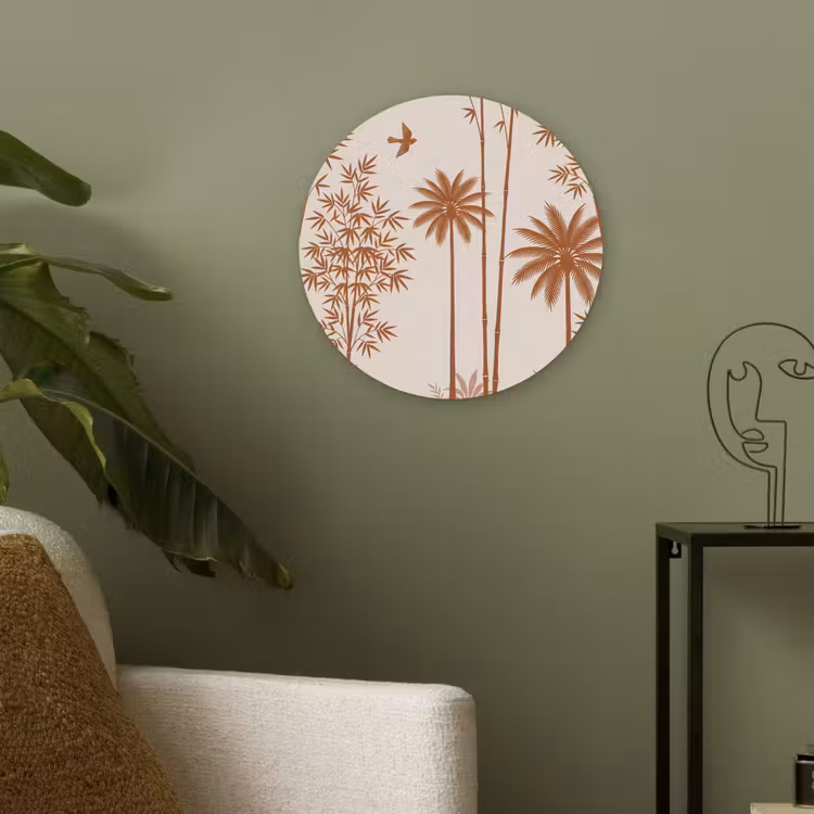 Vogel - Boom - Tropisch - Minimalistisch - Bruin Akoestische PET Vilt - Rond klein -sfeer2