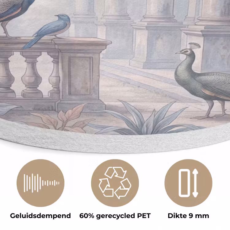 Vogel - Pauw - Architectuur - Klassiek - Groen Akoestische PET Vilt - Rond klein -closeup_NL
