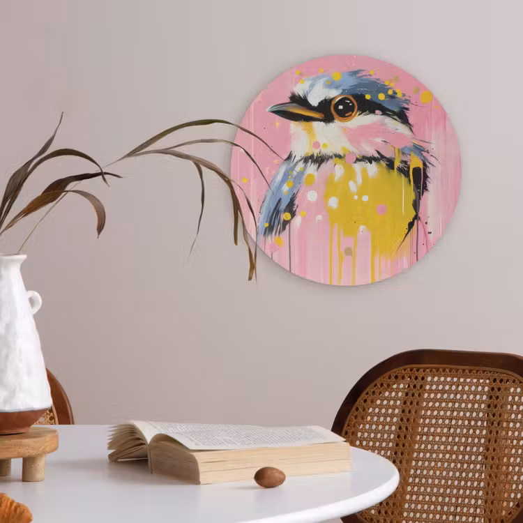 Vogel - Roze - Geel - Blauw Akoestische PET Vilt - Rond klein -sfeer3