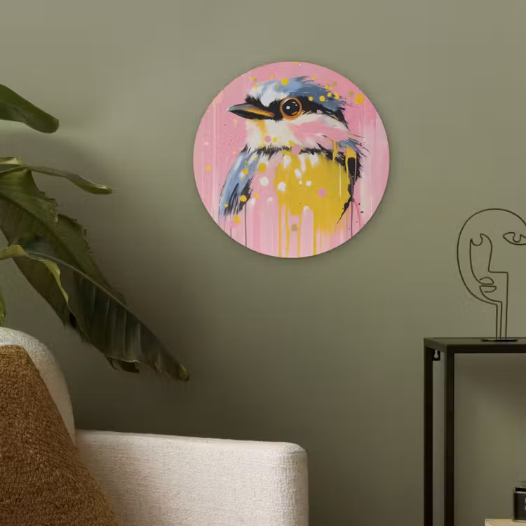 Vogel - Roze - Geel - Blauw Akoestische PET Vilt - Rond klein -sfeer2