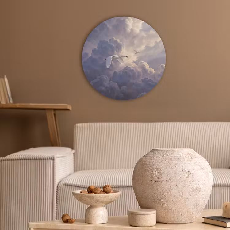 Vogel - Vliegend - Natuur - Wit - Wolken Akoestische PET Vilt - Rond klein -sfeer1