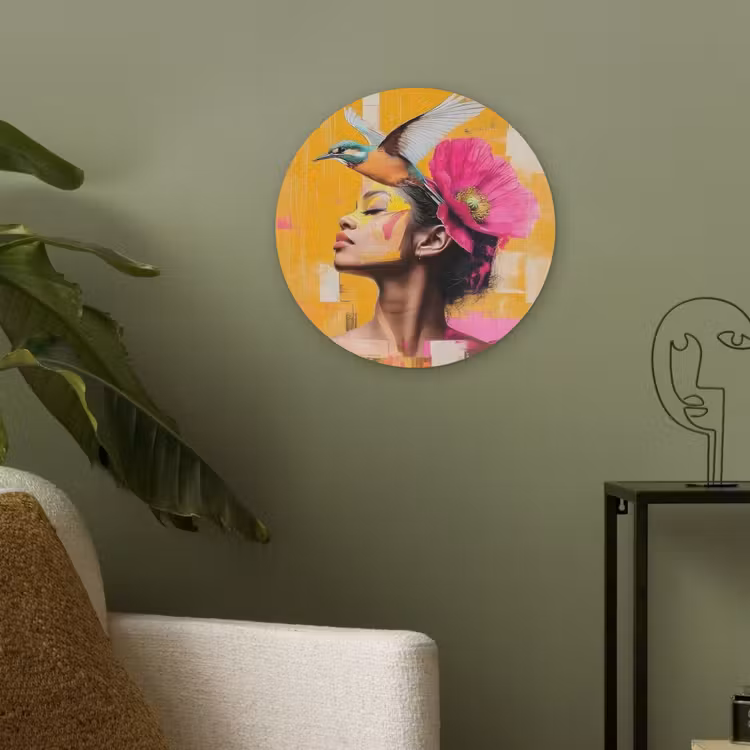 Vogel - Vrouw - Abstract - Bloem Akoestische PET Vilt - Rond klein -sfeer2