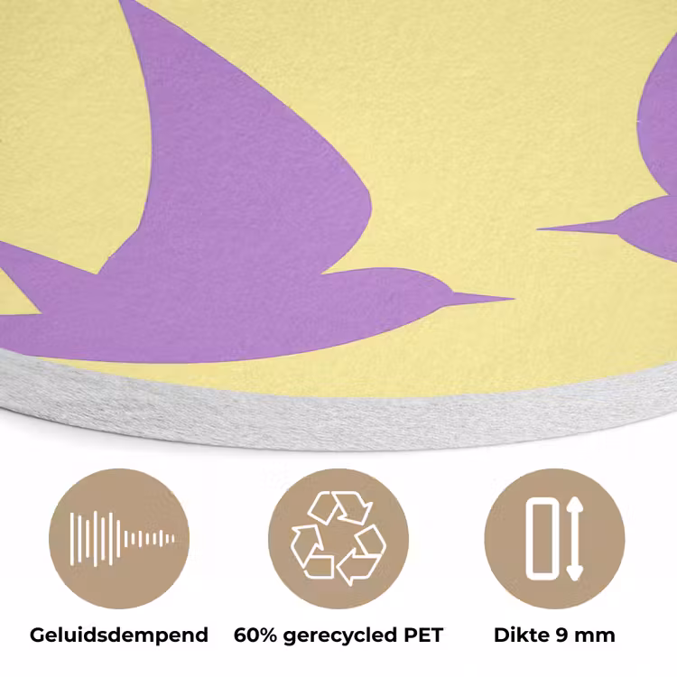 Vogels - Cirkel - Geel - Beweging Akoestische PET Vilt - Rond klein -closeup_NL