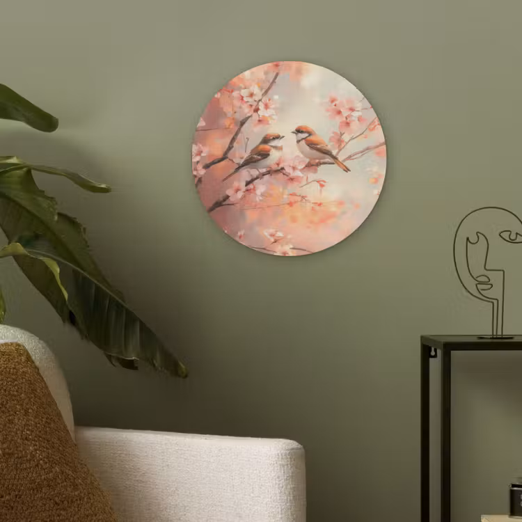 Vogels - Romantic - Bloesemtak Akoestische PET Vilt - Rond klein -sfeer2