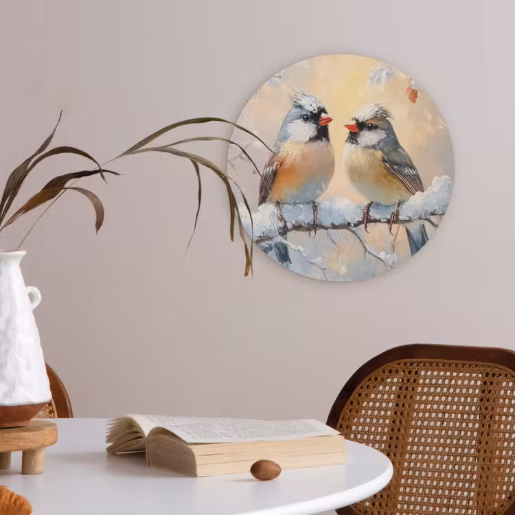 Vogels - Tak - Winter - Sneeuw Akoestische PET Vilt - Rond klein -sfeer3