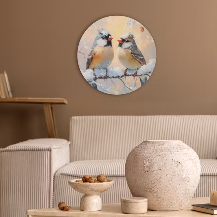 Vogels - Tak - Winter - Sneeuw Akoestische PET Vilt - Rond klein -sfeer1