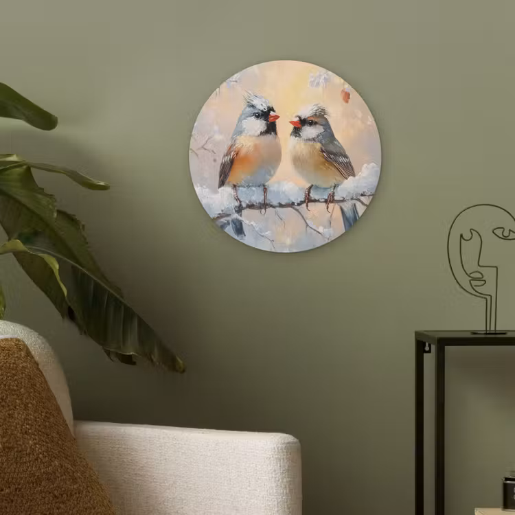 Vogels - Tak - Winter - Sneeuw Akoestische PET Vilt - Rond klein -sfeer2