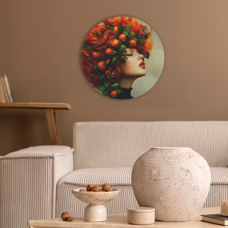 Vrouw - Appels - Rood - Bladeren Akoestische PET Vilt - Rond klein -sfeer1