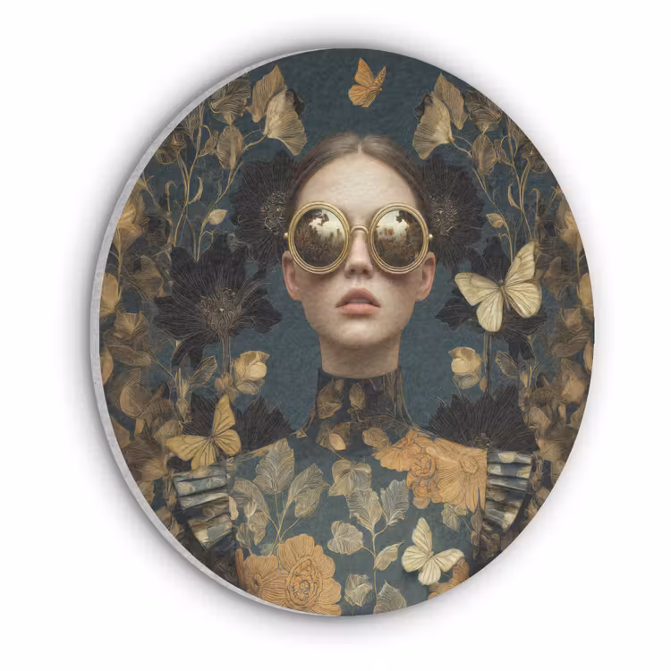 Vrouw - Bladeren - Goud - Vlinders Akoestische PET Vilt - Rond klein -3d