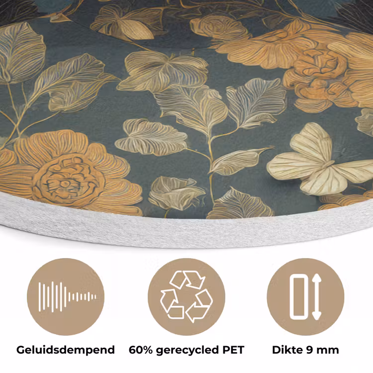 Vrouw - Bladeren - Goud - Vlinders Akoestische PET Vilt - Rond klein -closeup_NL
