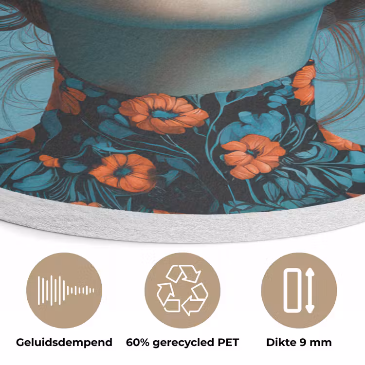 Vrouw - Blauw - Vlinder - Bloemen - Aesthetic Akoestische PET Vilt - Rond klein -closeup_NL