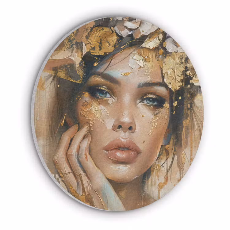 Vrouw - Bloemen - Goud - Portret Akoestische PET Vilt - Rond klein -3d