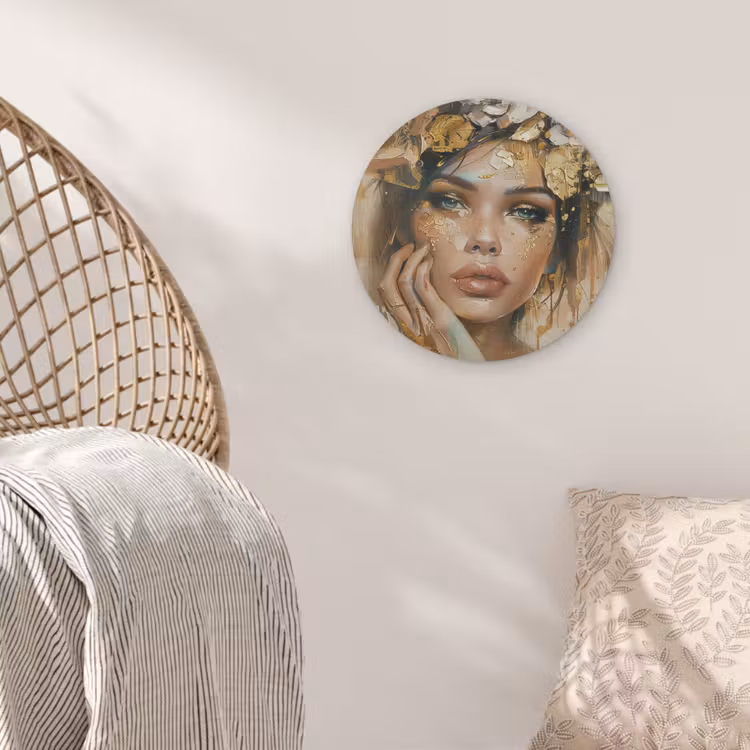 Vrouw - Bloemen - Goud - Portret Akoestische PET Vilt - Rond klein -sfeer4