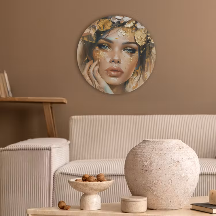 Vrouw - Bloemen - Goud - Portret Akoestische PET Vilt - Rond klein -sfeer1