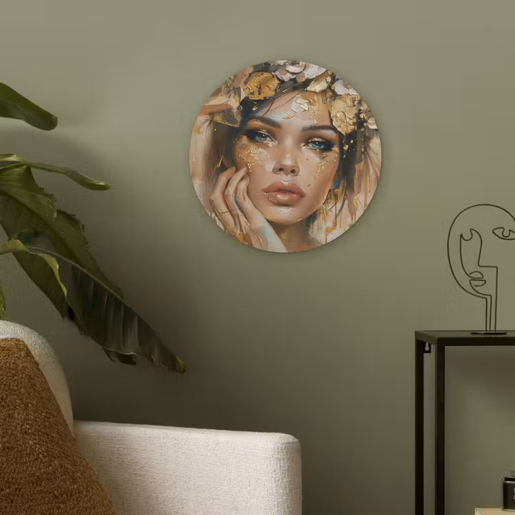 Vrouw - Bloemen - Goud - Portret Akoestische PET Vilt - Rond klein -sfeer2